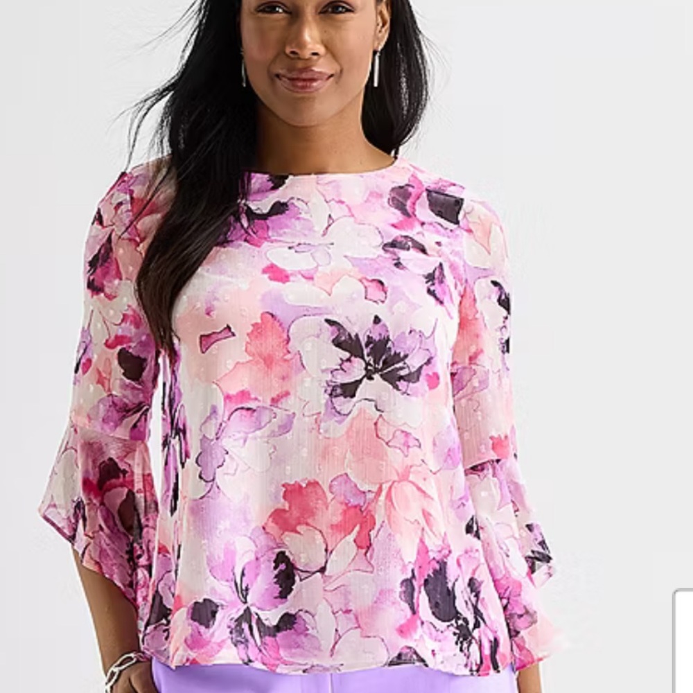 Evan-Picone Black Label Floral Pink Watercolor Blouse Sz XL NWT
